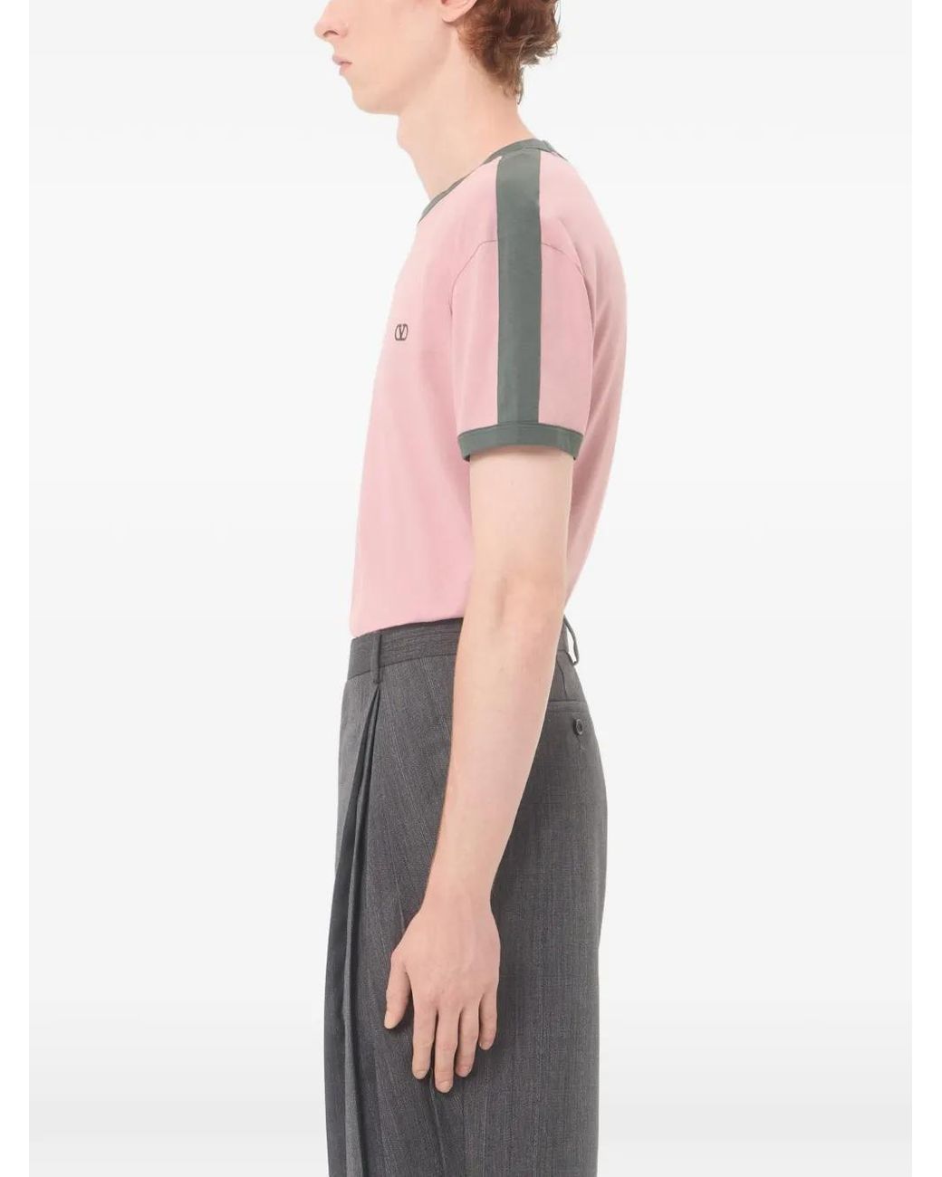 Valentino Garavani Pink Cotton T-Shirt With Crew-Neck, Contrasting Side Bands And Vlogo Embroidery for men