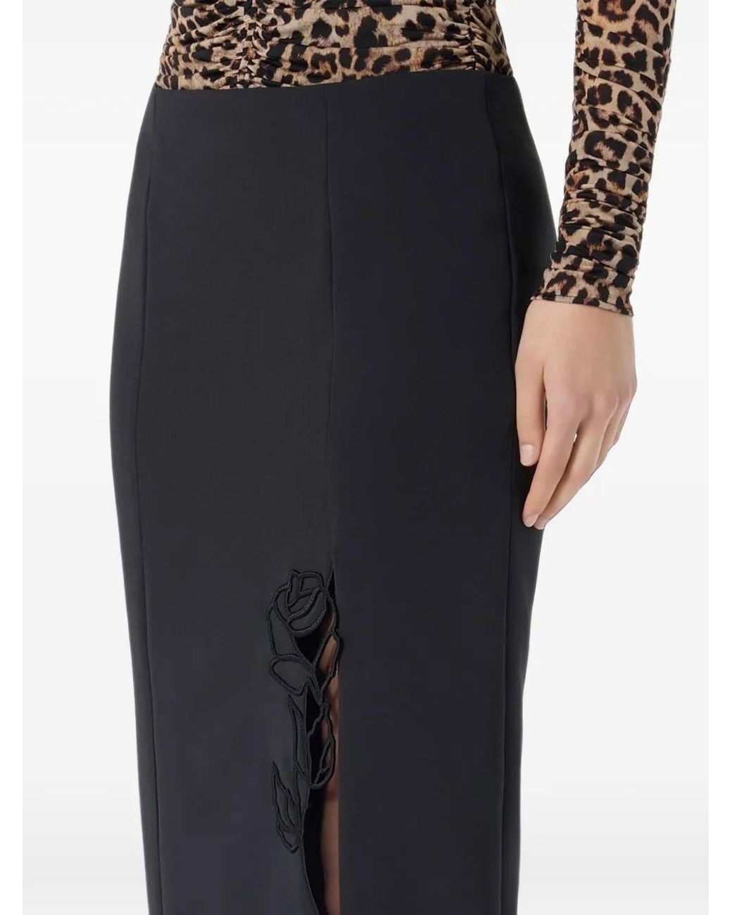 Blumarine Black Embroidered-Slit Midi Skirt