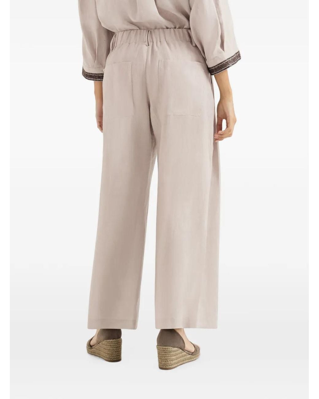 Brunello Cucinelli Natural Linen Trousers With Drawstring And Monili