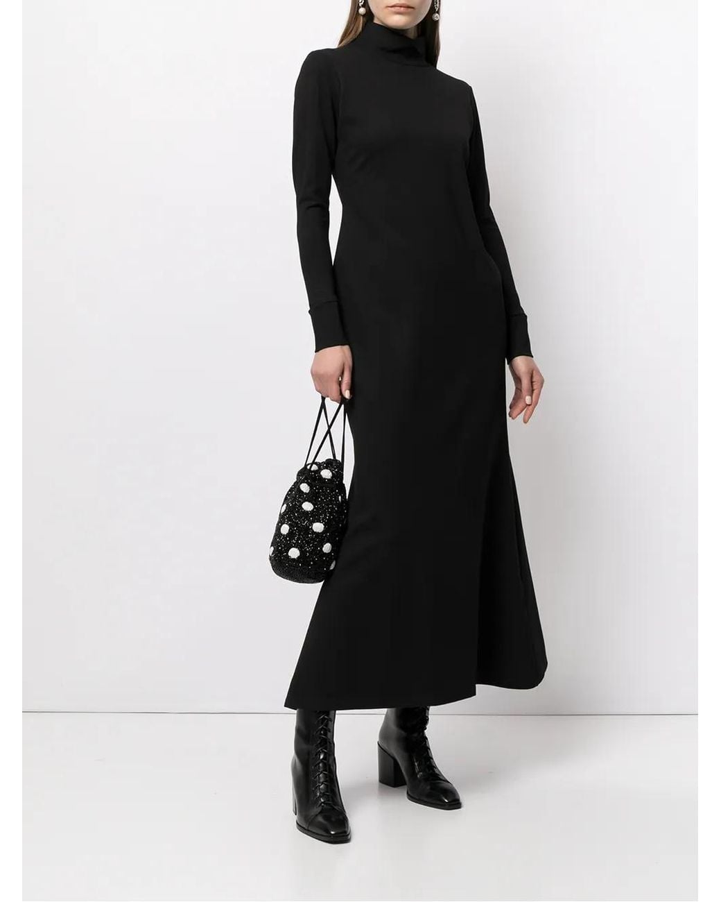 Macgraw Black High-Neck Flared Midi Dress