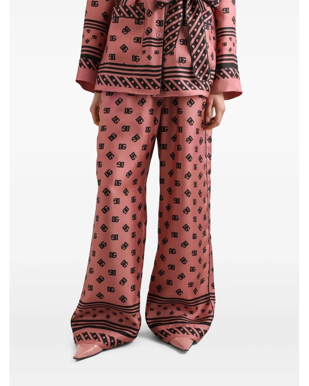 Dolce & Gabbana Red Silk Logo Print Wide-Leg Trousers