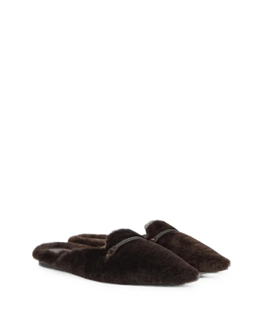 Brunello Cucinelli White Shearling Flats With Precious Bar