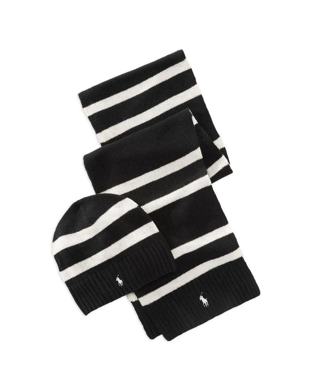 Polo Ralph Lauren Black Striped Scarf And Beanie Hat Set for men
