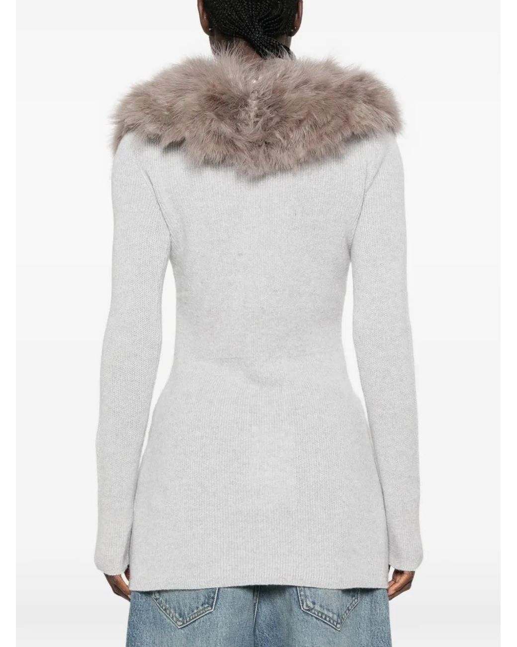 Blumarine White Faux-Fur Collar Ribbed Cardigan