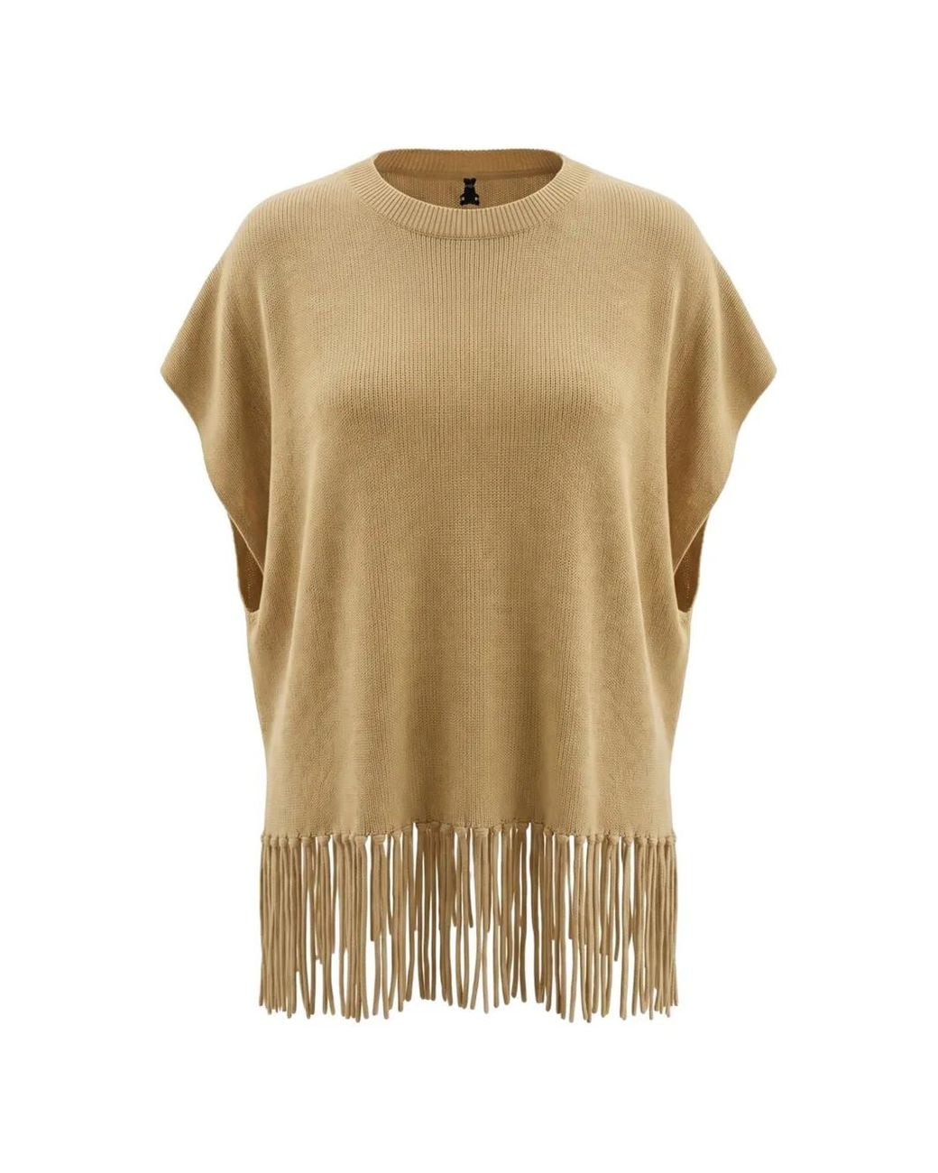 Patrizia Pepe Natural Fringe-Trim Knitted Poncho
