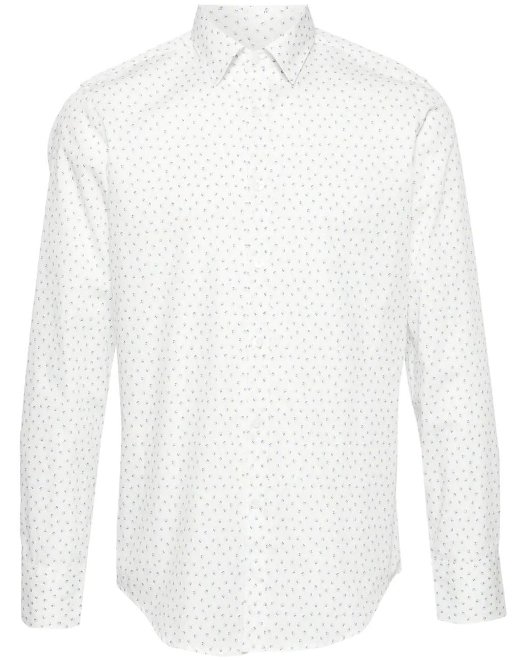 Canali White Leaf-Print Cotton Shirt for men