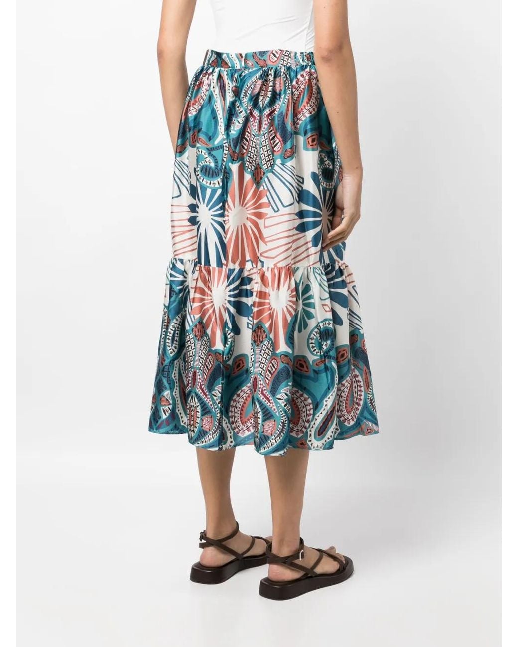 Ba&sh Blue Botanical-Print Flared Skirt