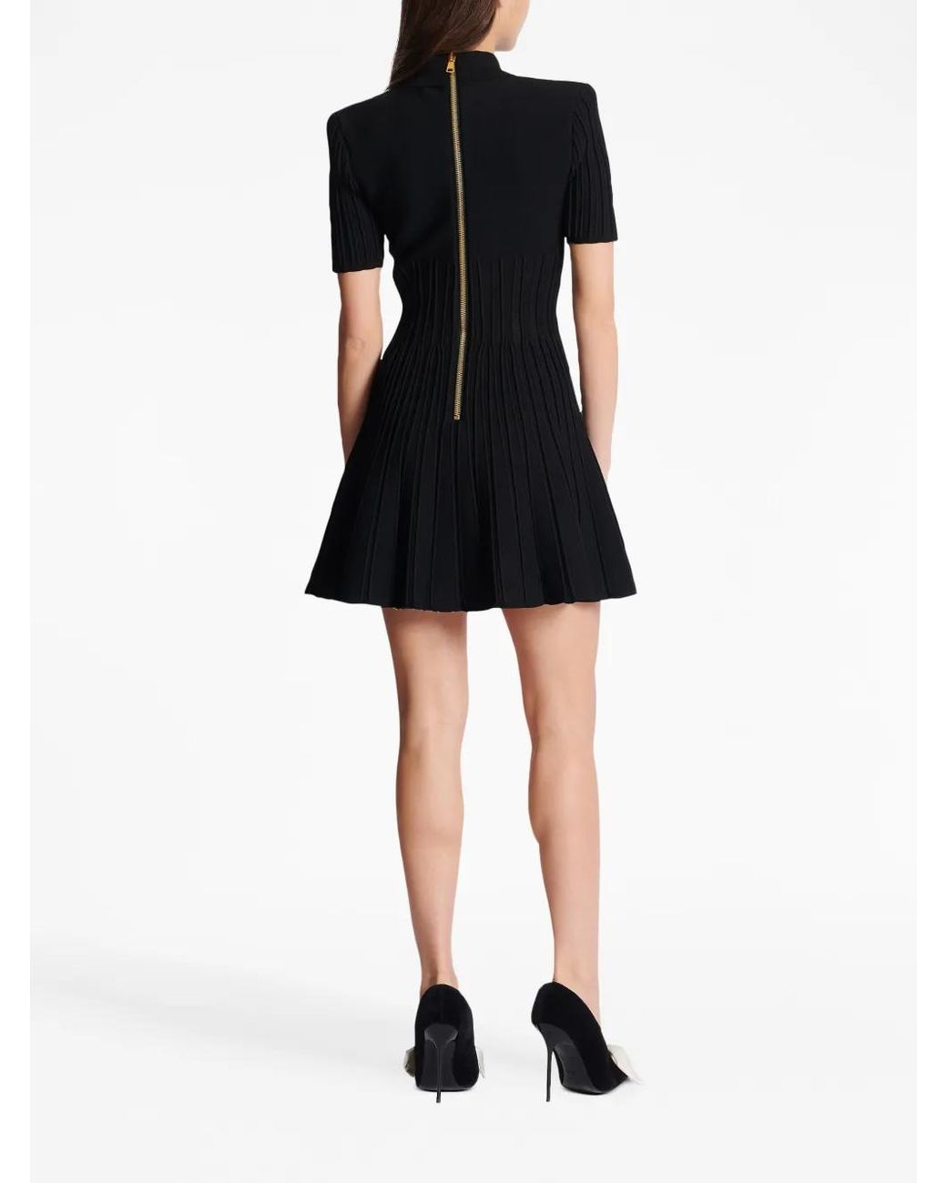 Balmain Black Flared Ribbed-knit Mini Dress