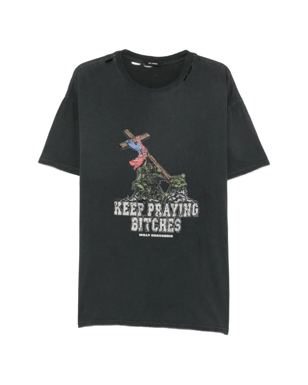 Willy Chavarria Black Graphic-Print Distressed T-Shirt for men