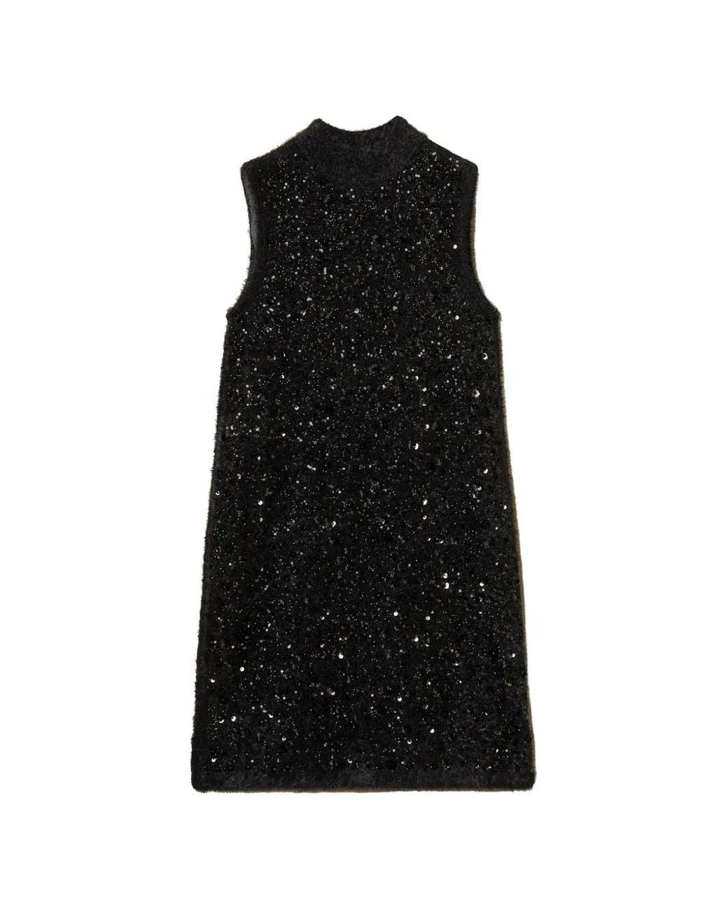 Twinset Black Short Turtleneck Knit Dress With Embroidery