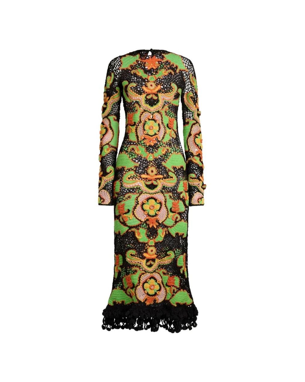 Etro Green Long Cotton Dress With Crochet-Effect Floral Motif