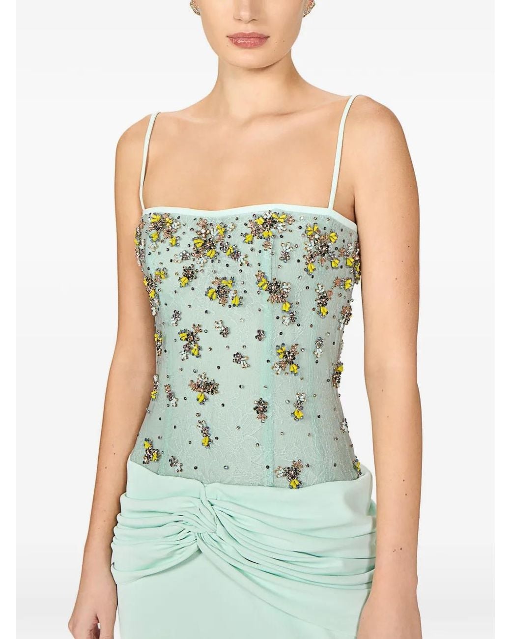Costarellos Green Nissa Knot-Detail Embroidered Tulle Gown