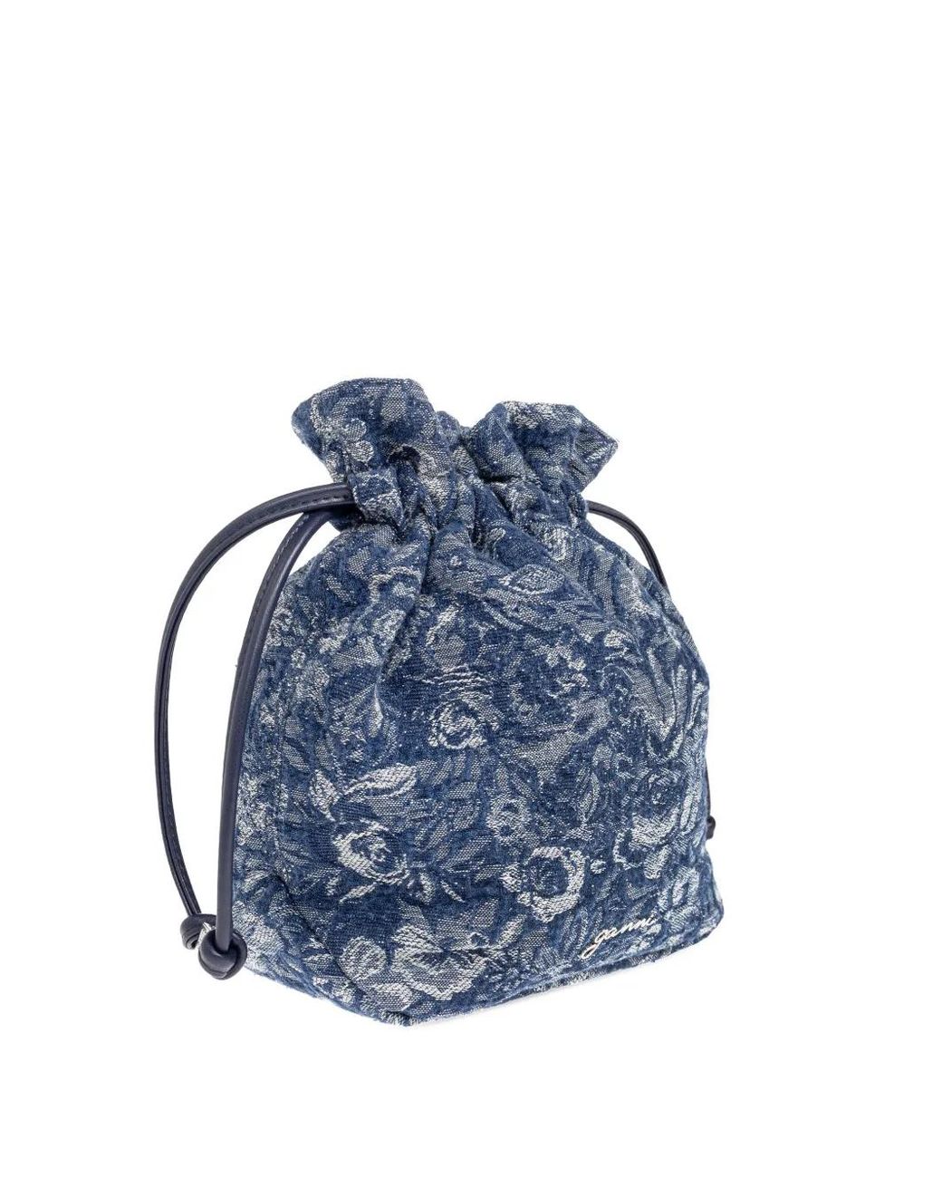 Ganni Blue Denim Waist Bag With Floral Motif