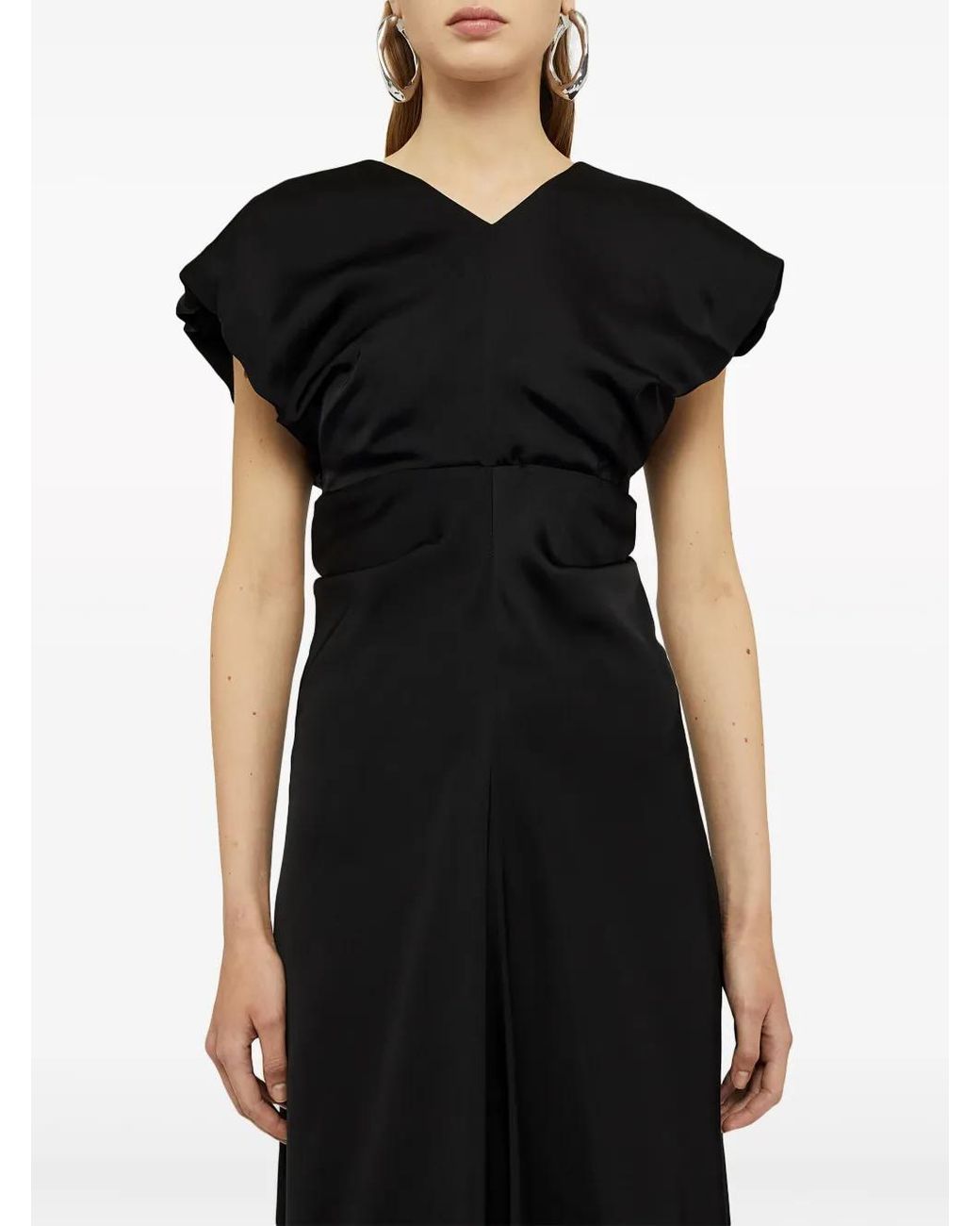 Jil Sander Black Gathered-Detail Satin-Finish Gown