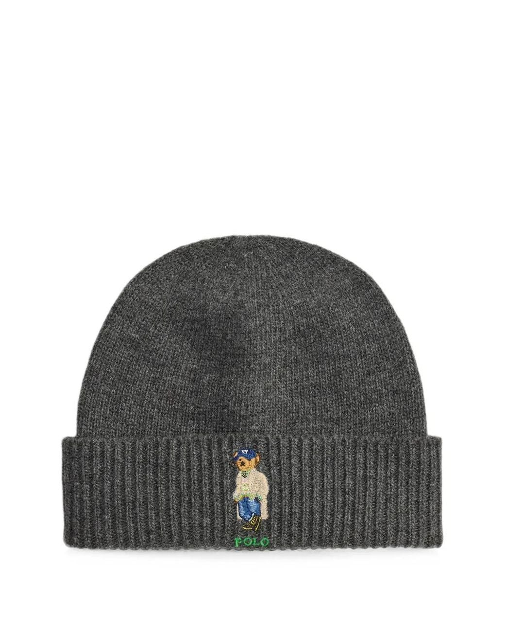 Polo Ralph Lauren Gray Polo Bear Embroidered Beanie Hat for men