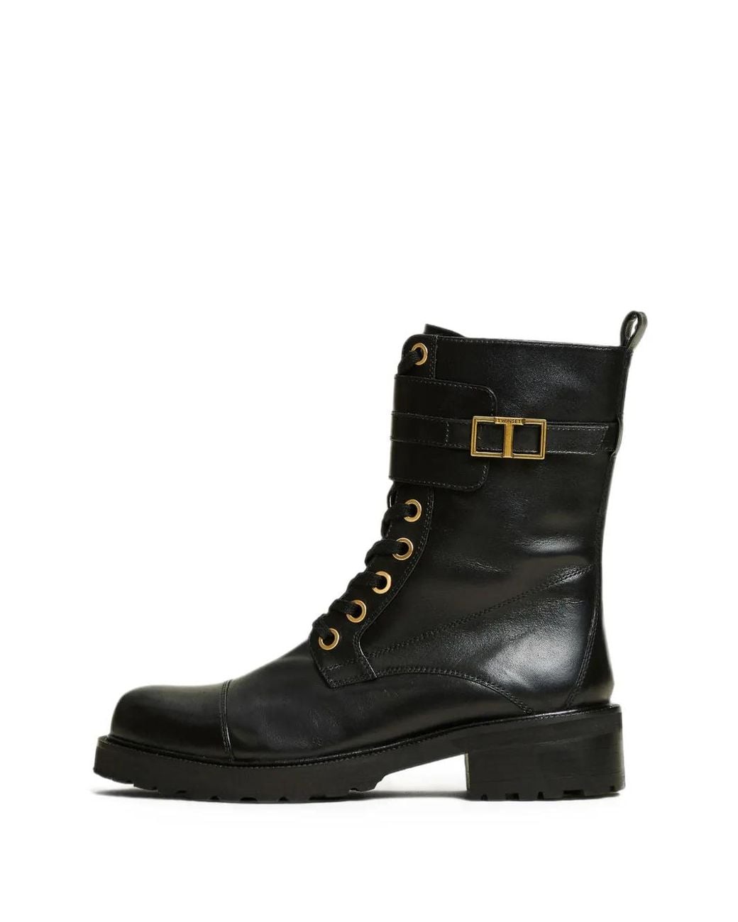 Twinset Black Logo-Buckle Lace-Up Combat Boots