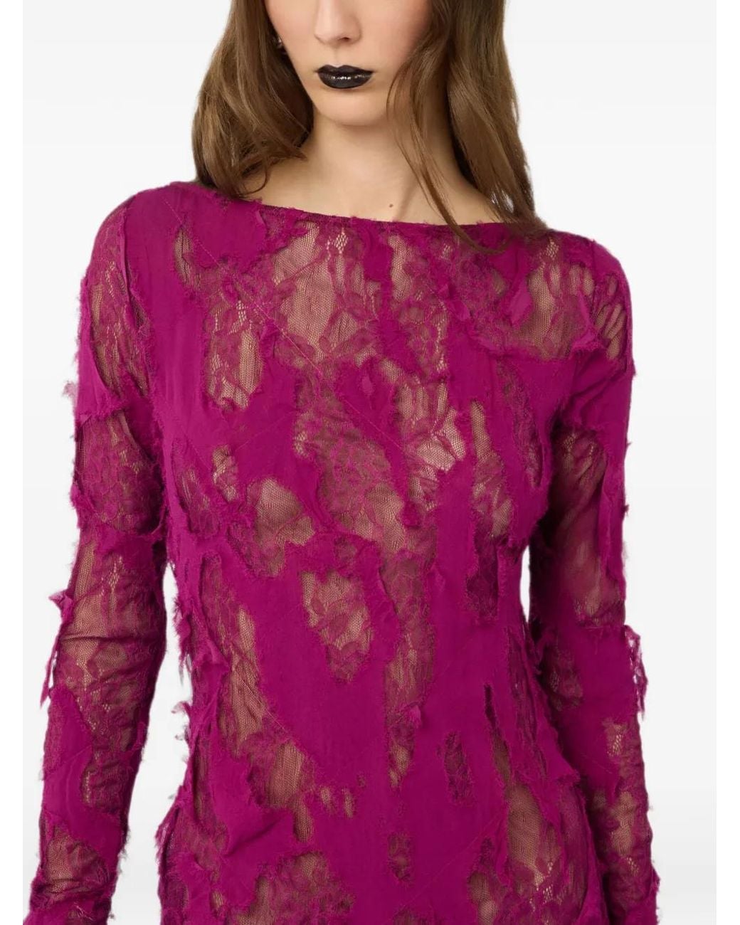 Roberto Cavalli Purple Lace-Overlay Frayed Maxi Dress