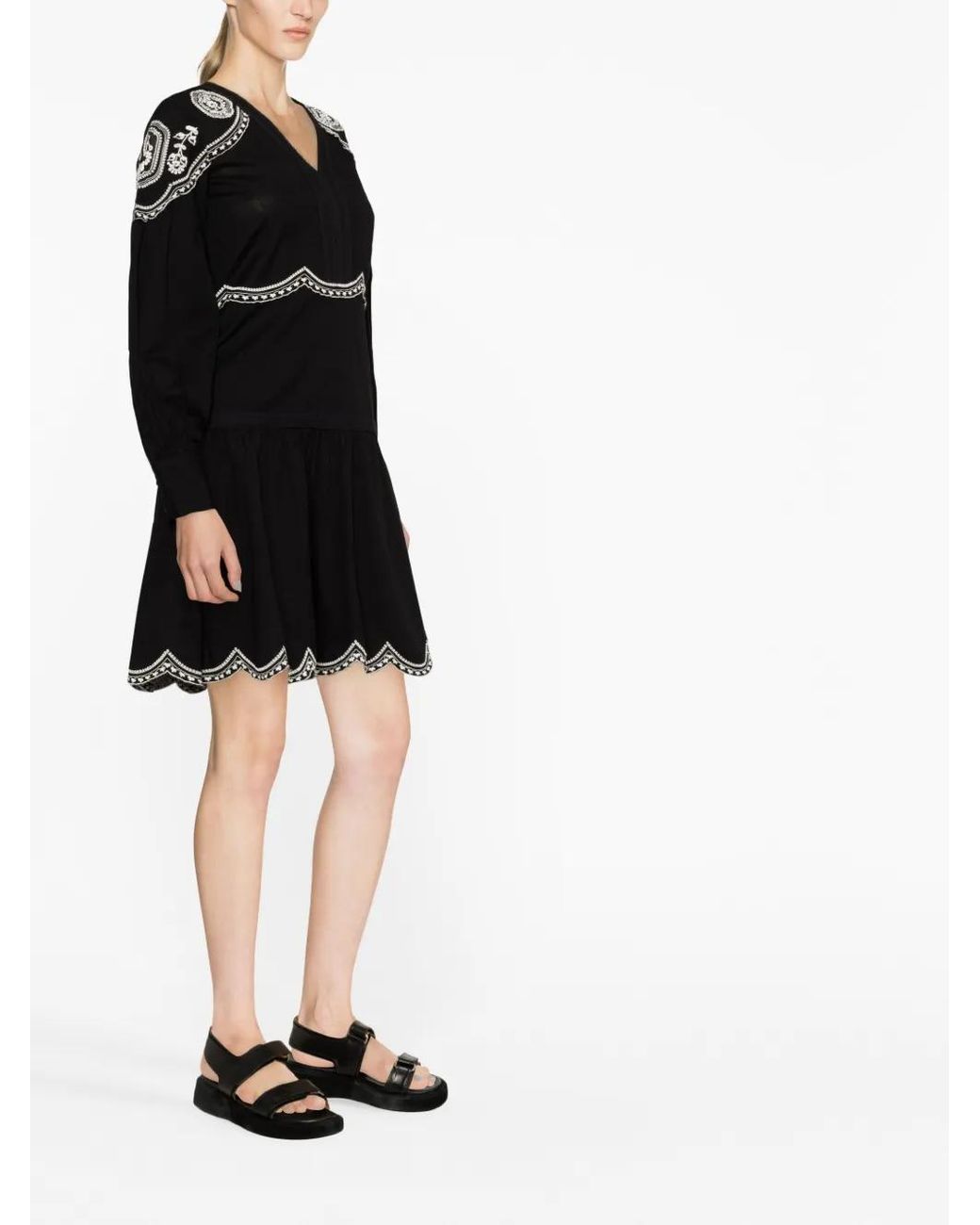Twinset Black Embroidered Long-Sleeve Short Dress