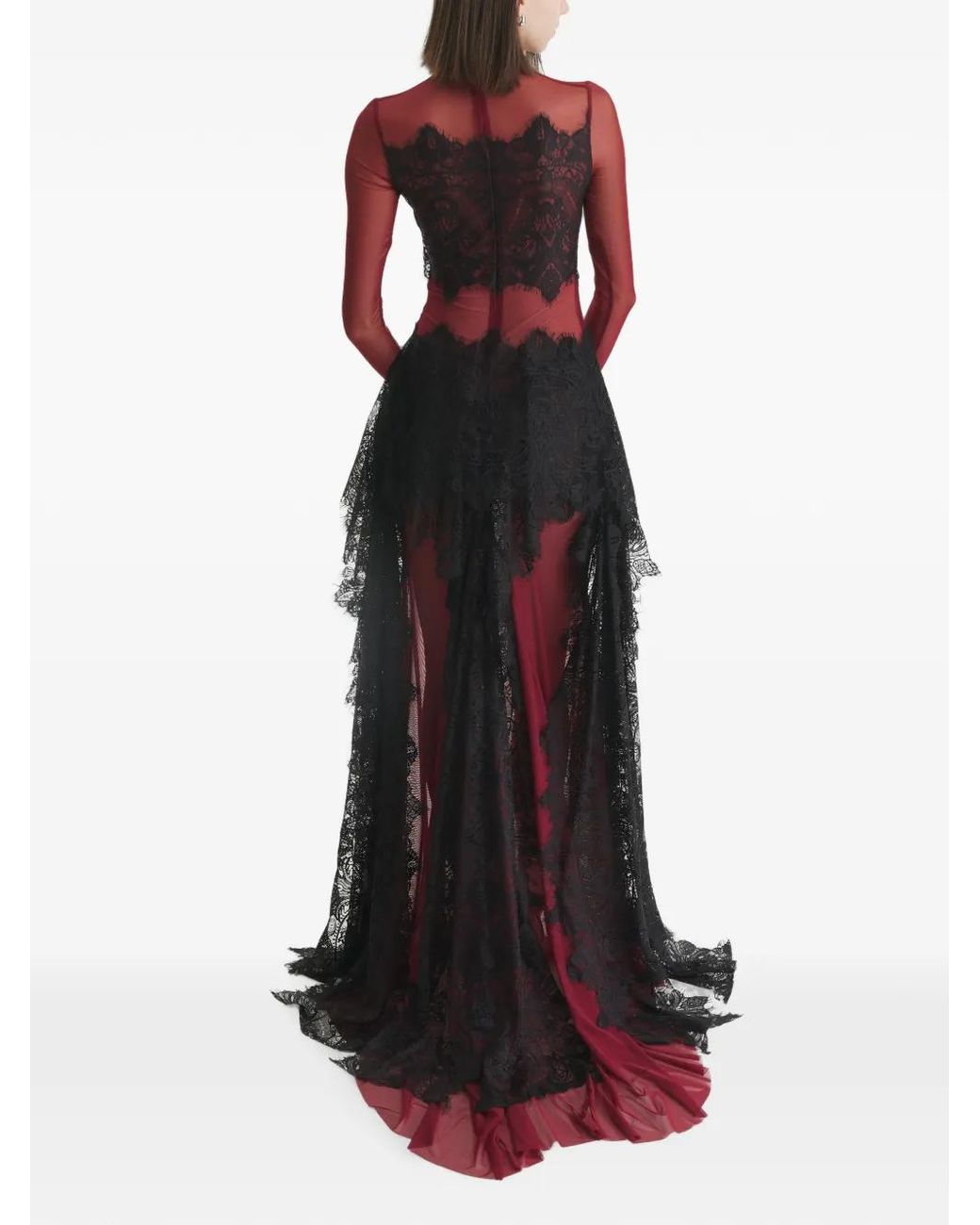 2310 STUDIO Red Lace-Panelled Semi-Sheer Maxi Dress