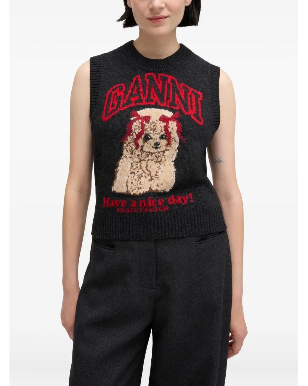 Ganni Wool Graphic Regular-Fit Sleeveless Ribbed Vest in Black | Lyst