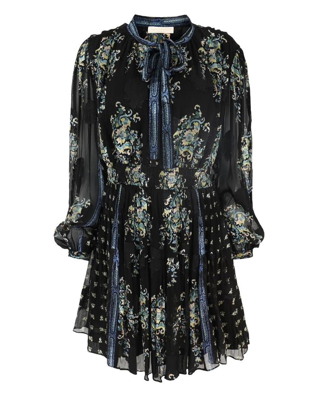 Ulla Johnson Black Necktie Long-Sleeve Paisley Printed Mini Dress