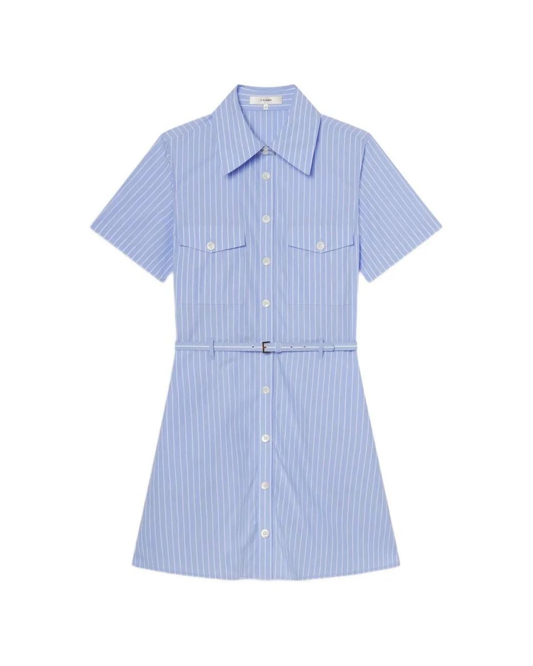 FRAME Blue Striped-Pattern Belted Mini Dress