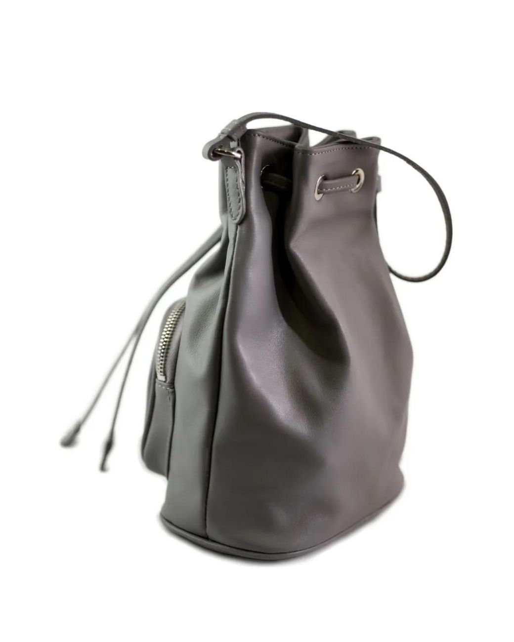 LA ROSE Black Drawstring Zip Leather Bucket Bag