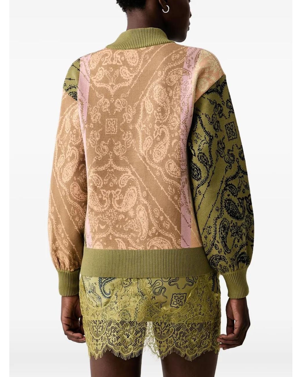 Never Fully Dressed Green Paisley-Print Intarsia-Knit Cardigan