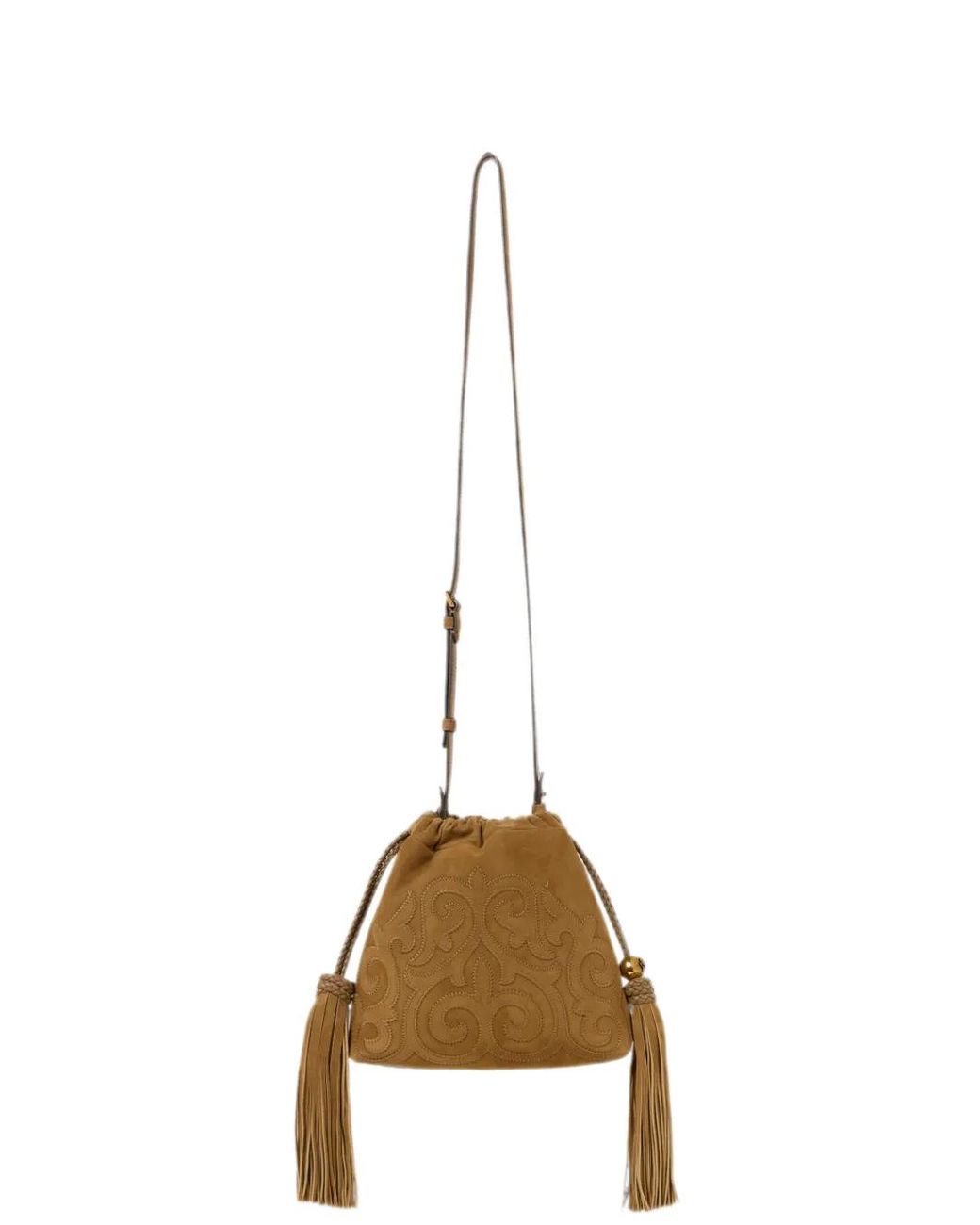 Etro Metallic Mini Suede Kalispera Bag With Patch And Tassels