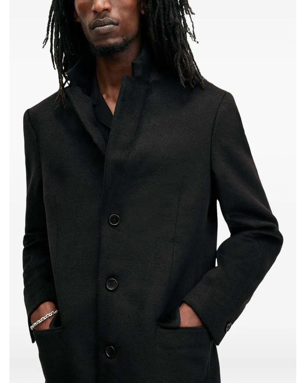 AllSaints Black Hal Button-Fastening Coat for men
