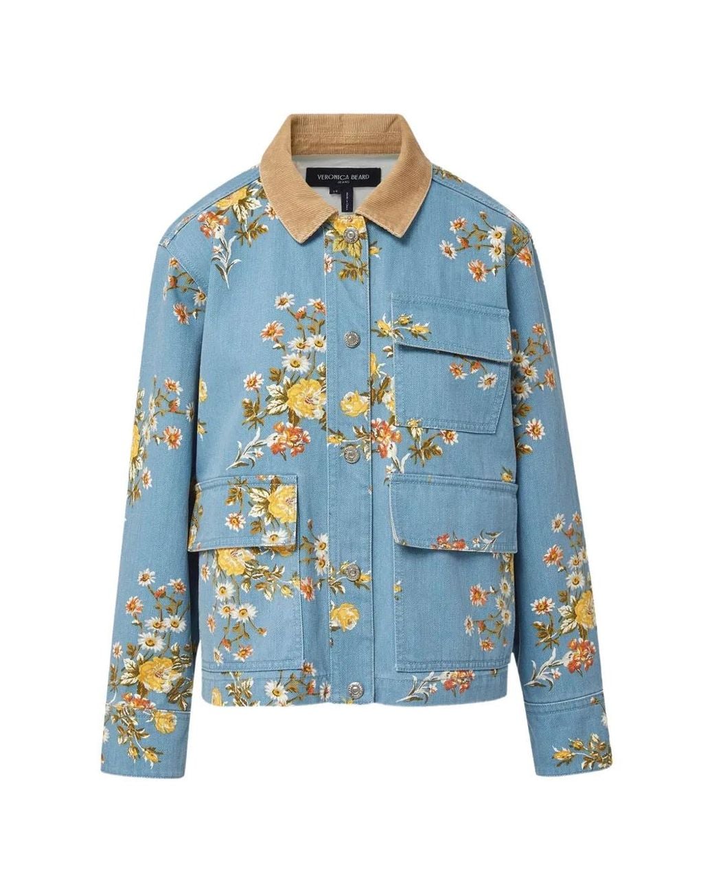 Veronica Beard Blue Leighton Floral-Print Corduroy-Collar Denim Jacket
