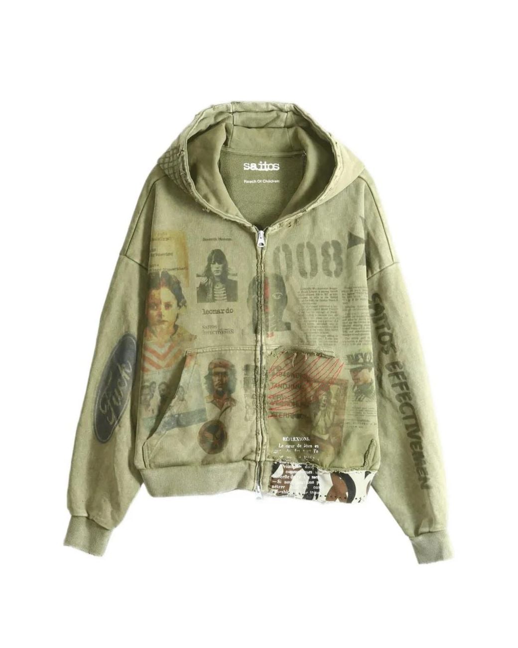 SAITOS Green Ghost Image Distressed Zip-Up Hoodie
