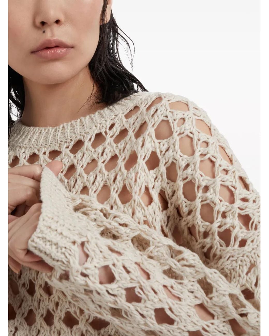 Brunello Cucinelli Natural Openwork-Knit Cropped Sweater