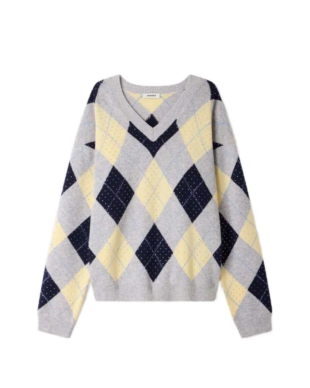 Sandro White Argyle-Pattern Wool Sweater
