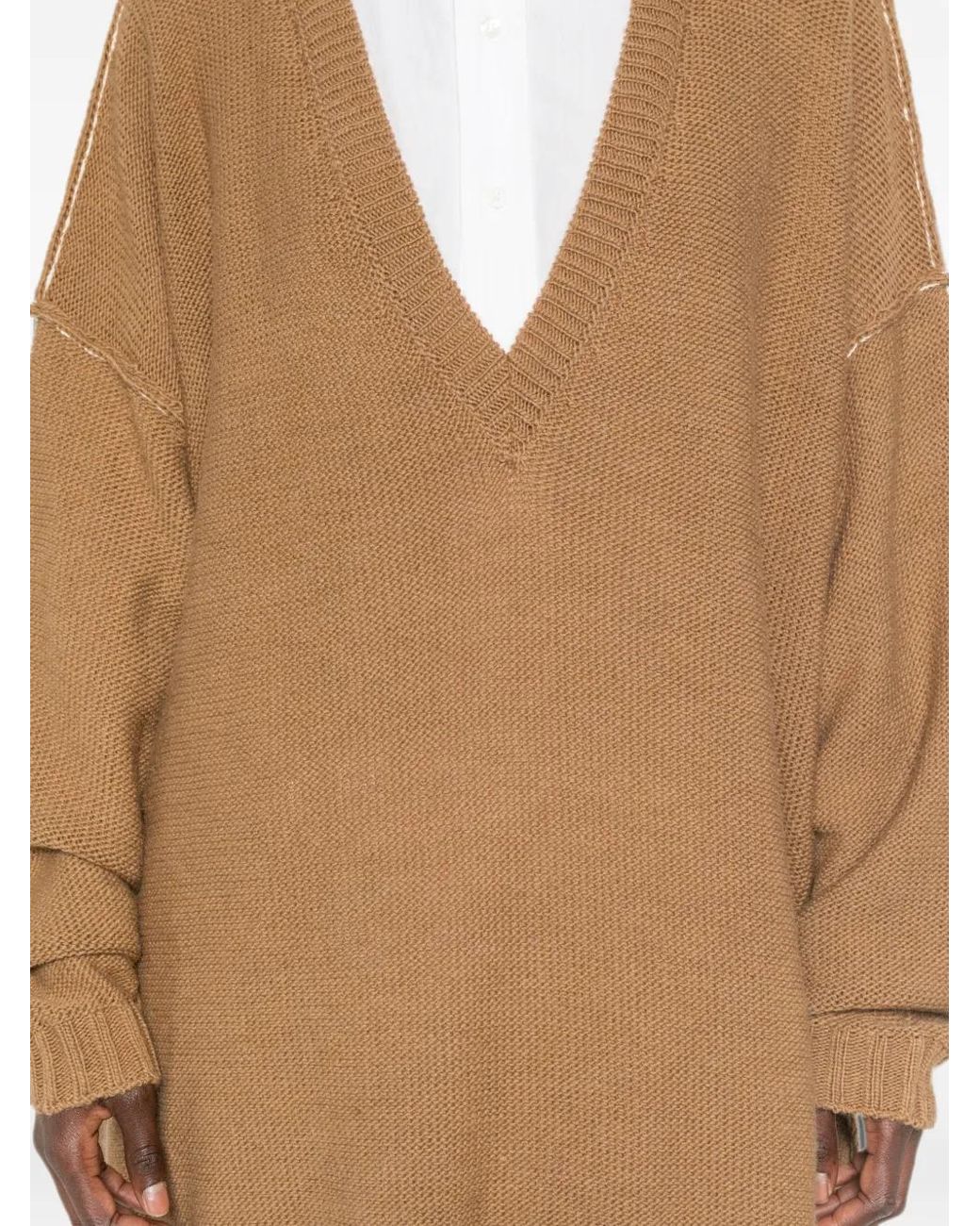 MM6 by Maison Margiela Natural V-Neck Oversized Sweater