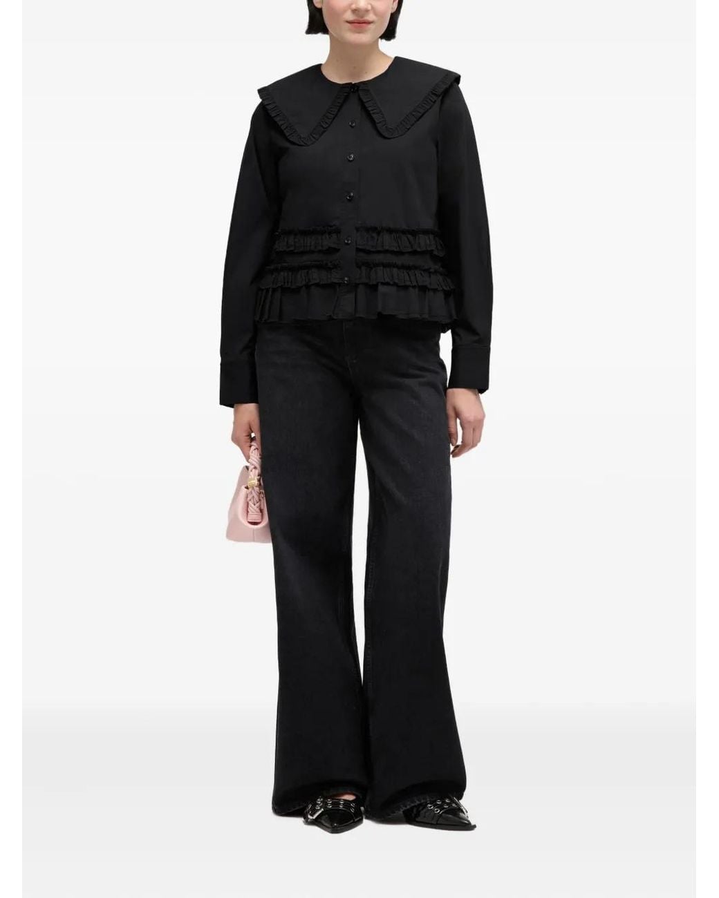 Ganni Black Stretch Cotton Ruffle Shirt