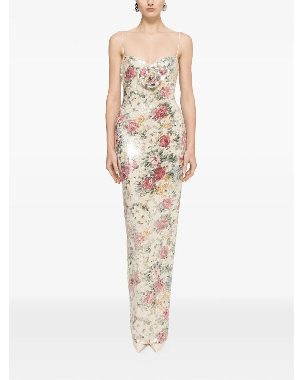 Nissa White Floral Appliqué Sequin Maxi Dress