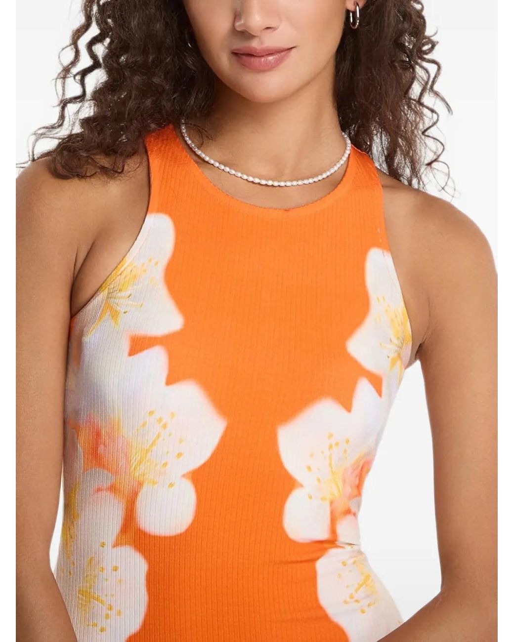 Desigual Orange Floral-Print Ribbed Midi Dress