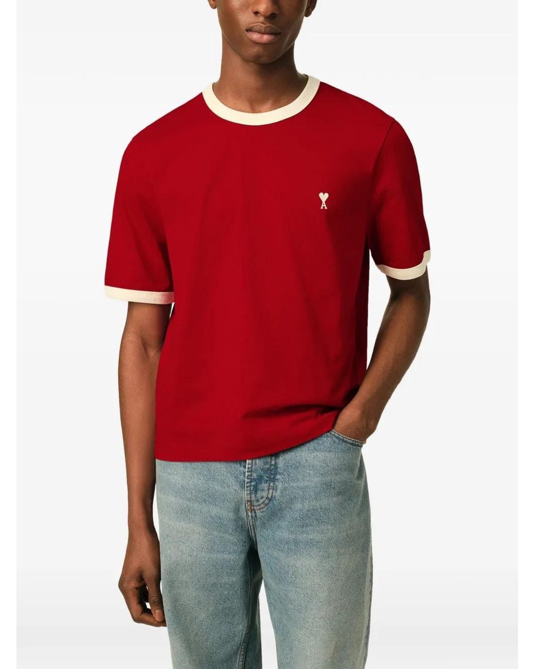 AMI Red Cropped T-Shirt With Body And Off- Ribbed Trims for men