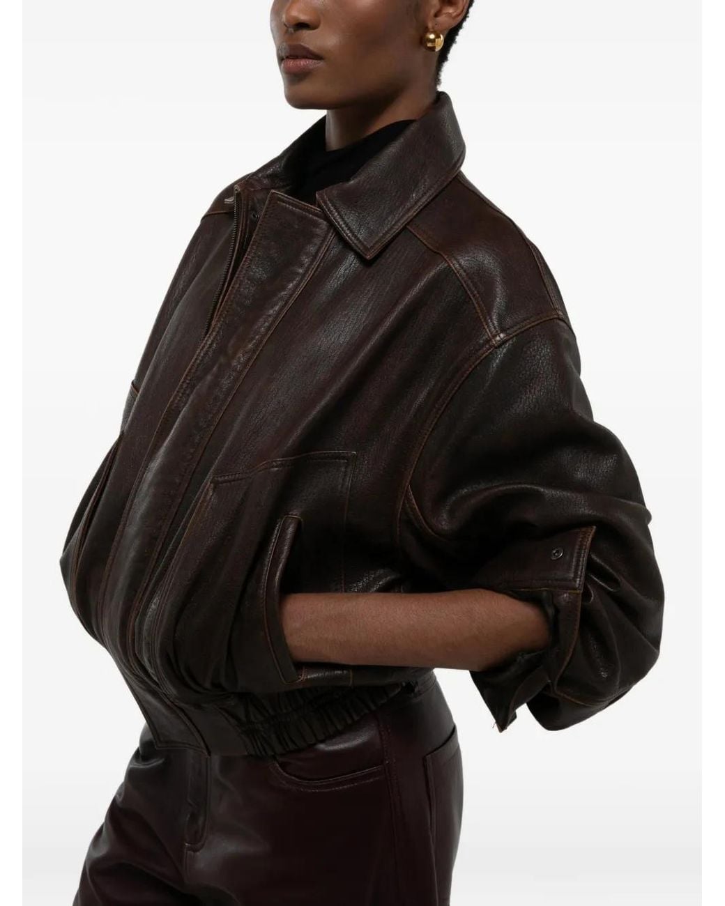 DUCIE Brown Florence Calf Leather Bomber Jacket