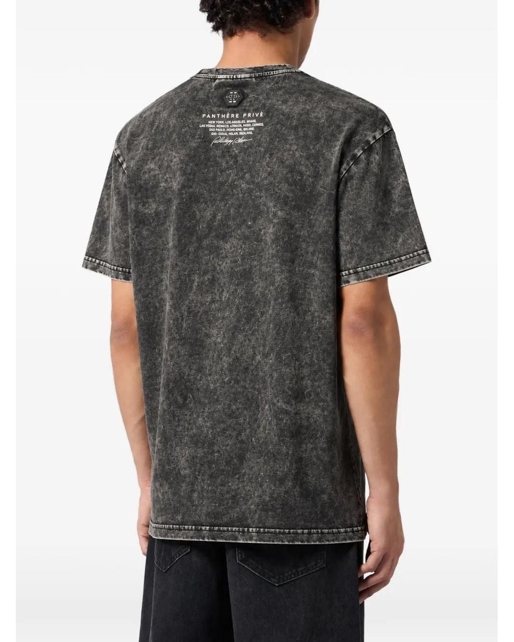 Philipp Plein Black Washed Round-Neck T-Shirt Urban Jungle Leopard for men