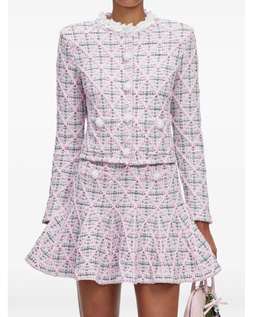 Self-Portrait Pink Check Knit Cardigan