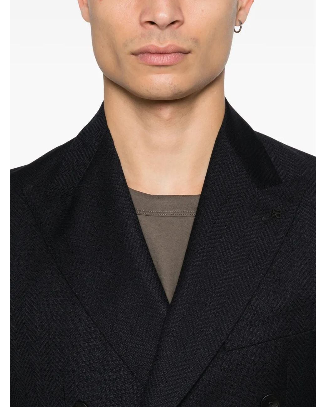 Tagliatore Black Double-Breasted Herringbone Blazer for men