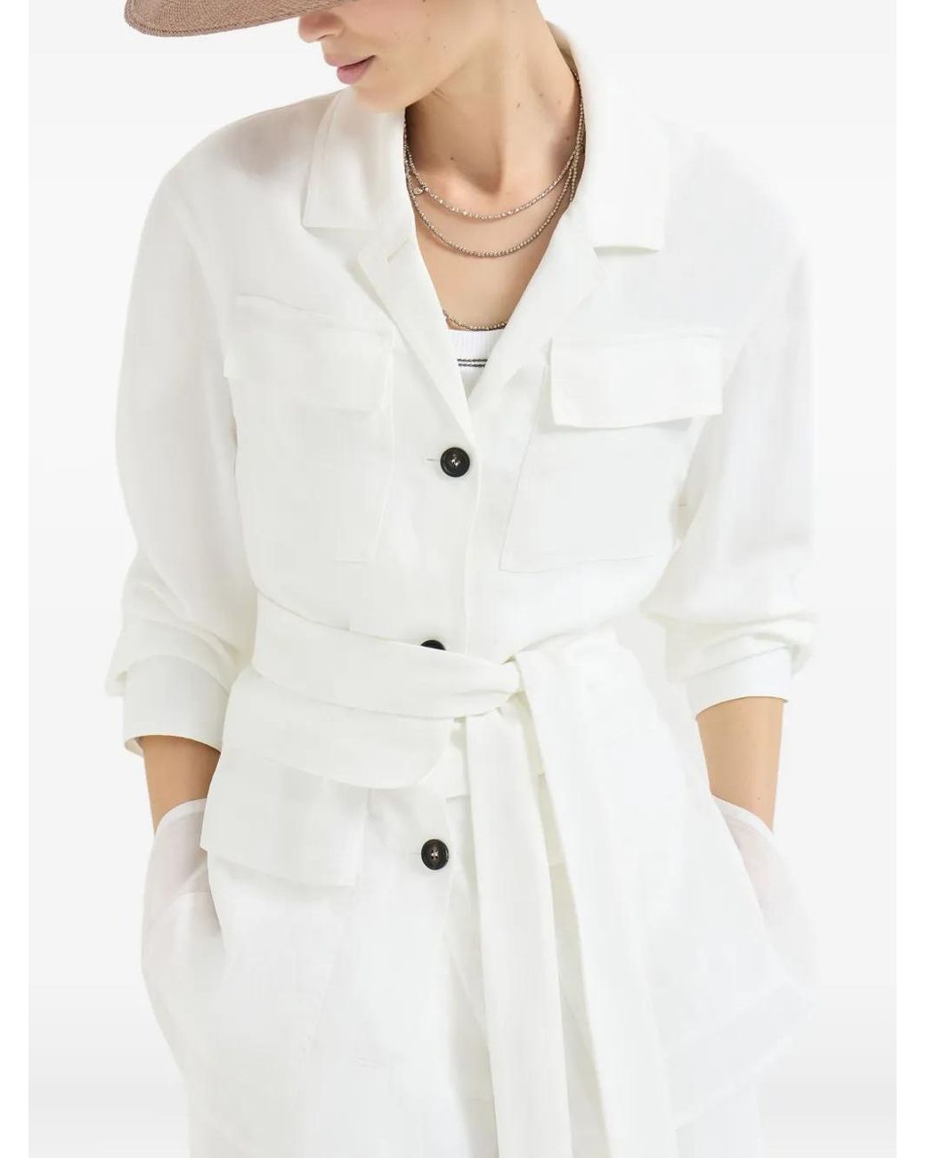 Brunello Cucinelli White Belted Pocket Jacket