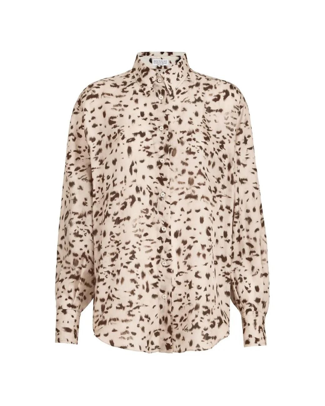 Brunello Cucinelli White Lynx Print Silk Pongee Shirt With Monili