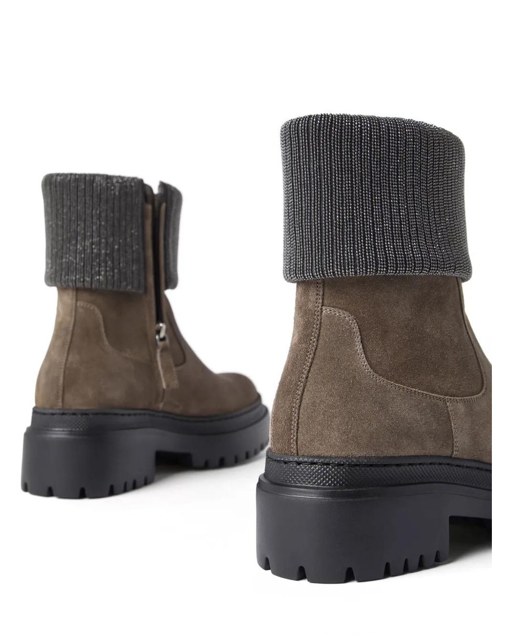 Brunello Cucinelli Brown Monili-Trim Block-Heel Ankle Boots
