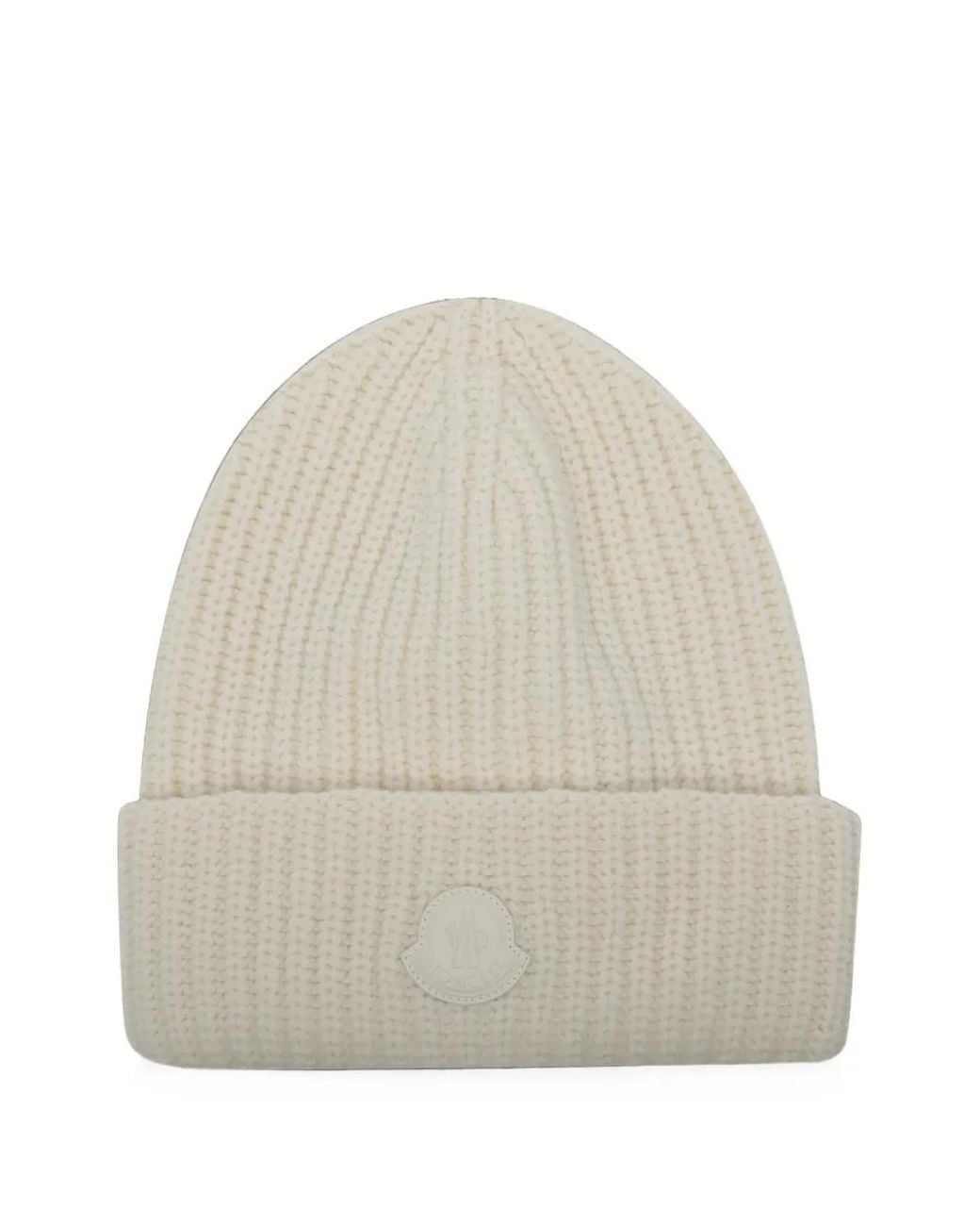 Moncler Natural Logo-Patch Ribbed Beanie Hat