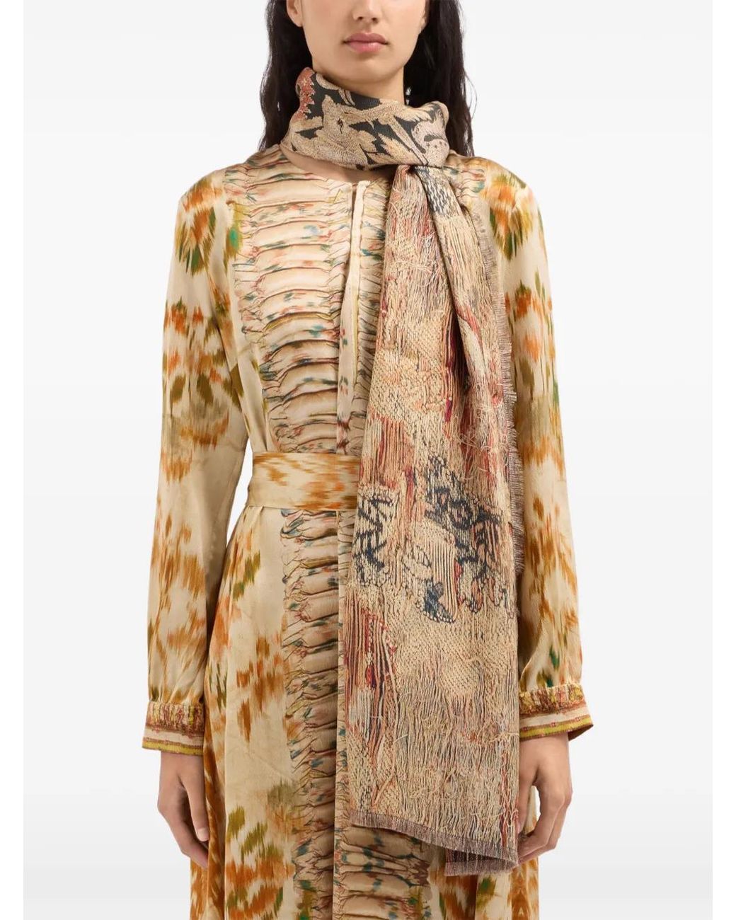 Pierre Louis Mascia Natural Fancy Botanical-Print Frayed Scarf