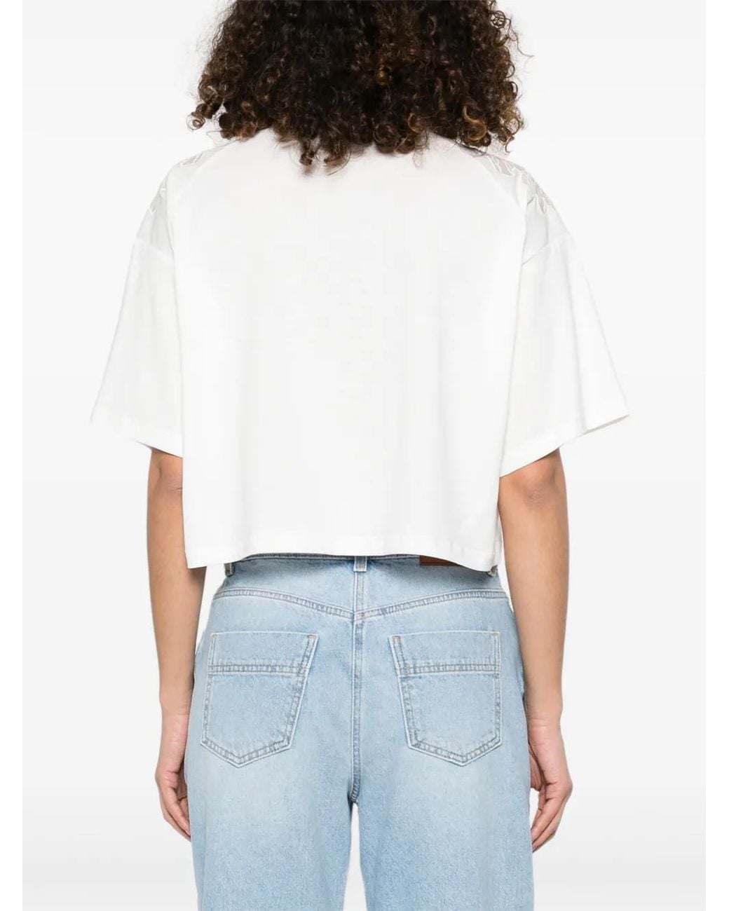 Elisabetta Franchi White Cropped T-Shirt With Floral Embroidery
