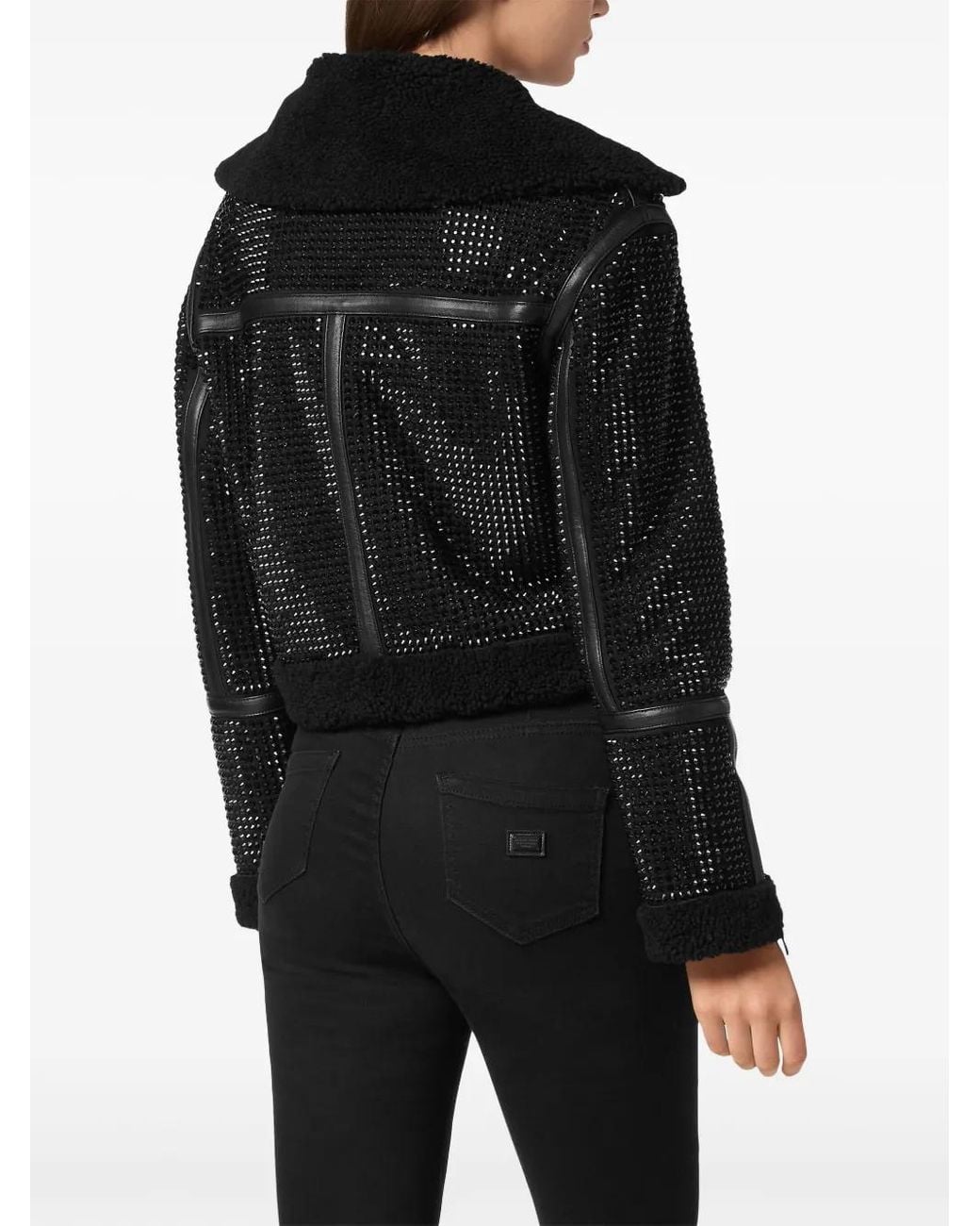Philipp Plein Black Crystal Shearling Cropped Jacket